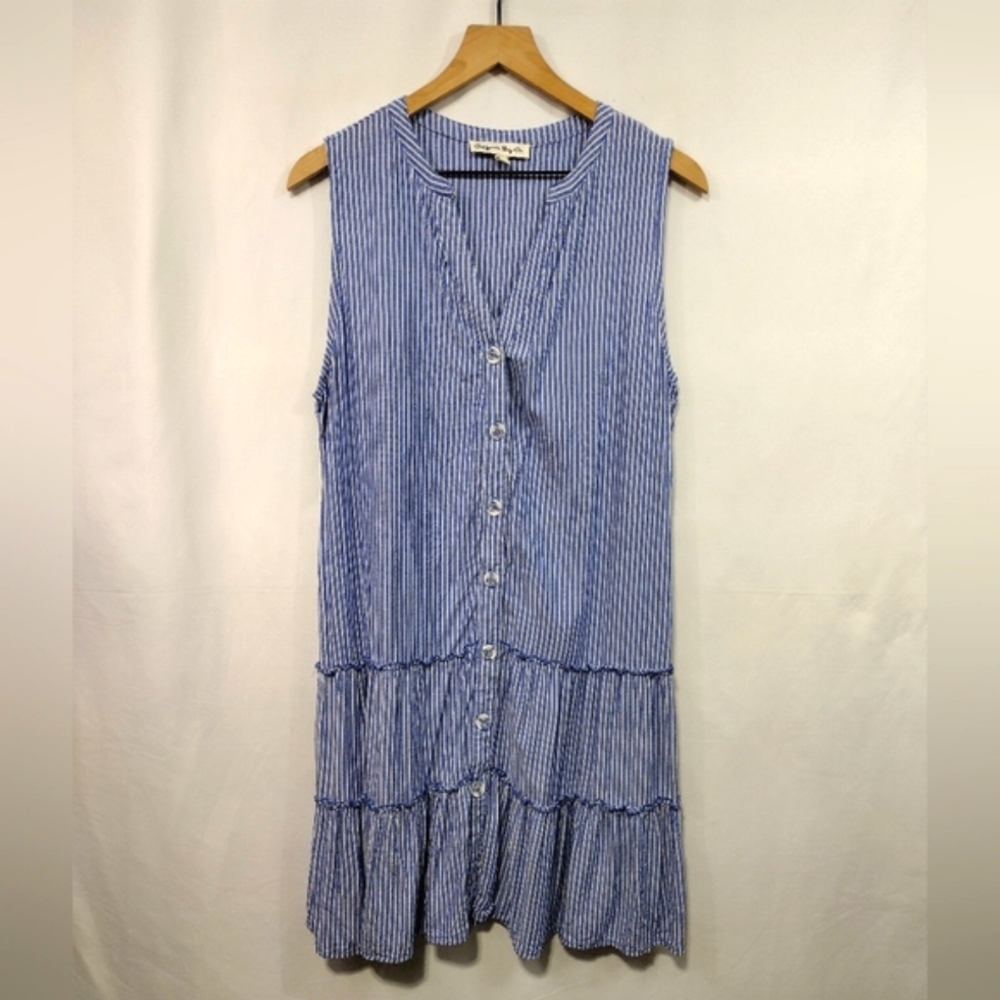 California Bay Co. Stripped Tiered Dress Women's L Blue Casual Coastal Tropical